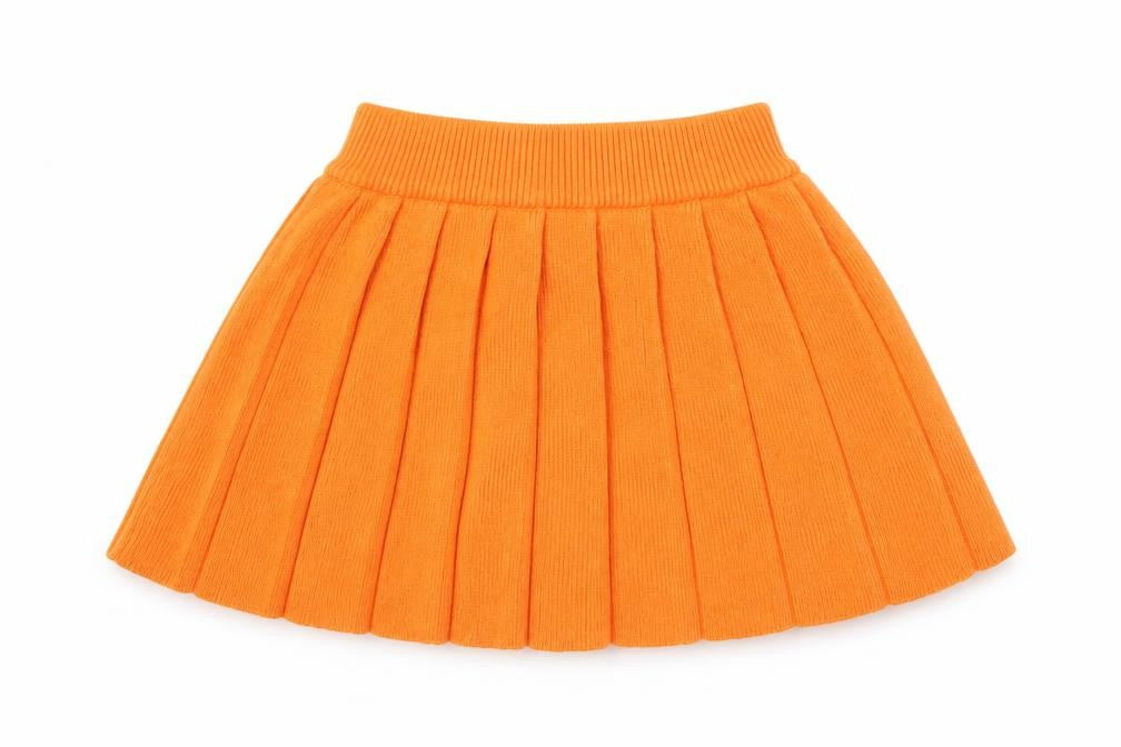 Front view of Preworn girls’ orange acrylic pleated skirt, size 3, years regular pull on