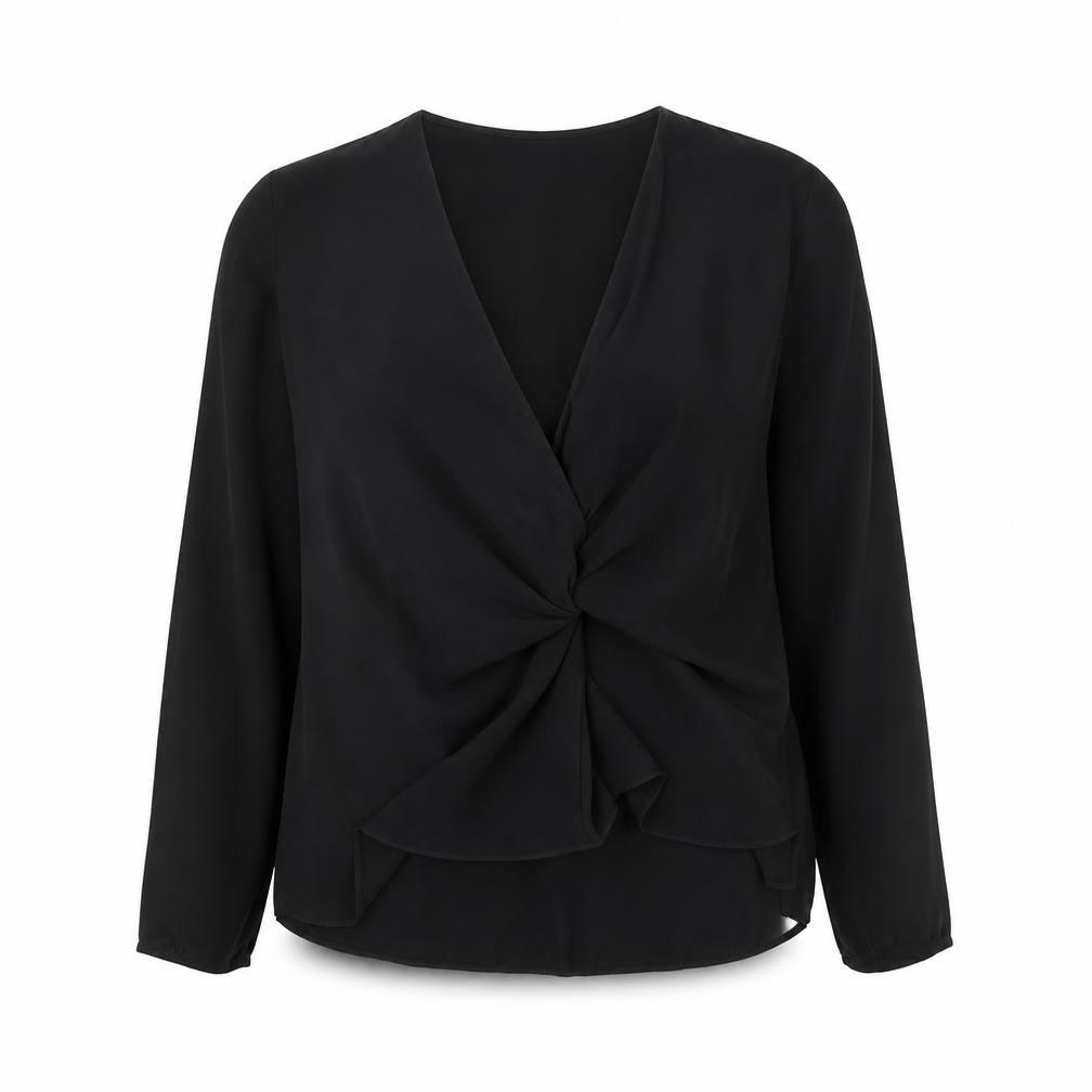 Front view of Topshop women’s black polyester basic blouse, size UK 12, v-neck - knot detail