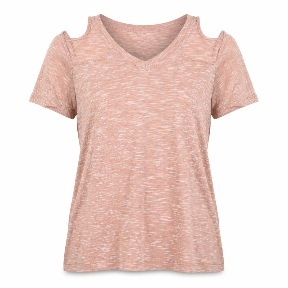 Front view of River Island women’s beige cotton basic t-shirt, size UK 6, round neck - cold shoudler