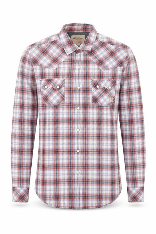 Front view of River Island men’s red plaid cotton button-up, size S, collared button