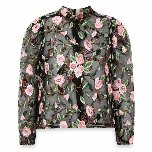Front view of ASOS women’s black floral polyester basic blouse, size UK 4, round neck