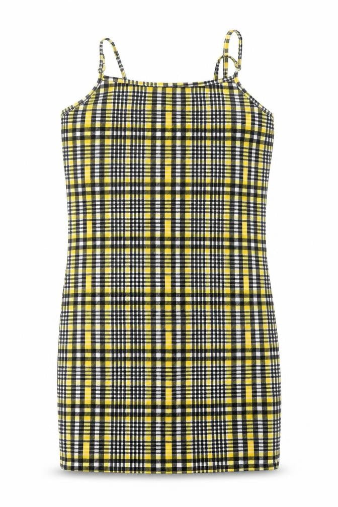 Front view of SHEIN girls’ yellow plaid polyester mini, size 12, years square neck pullover