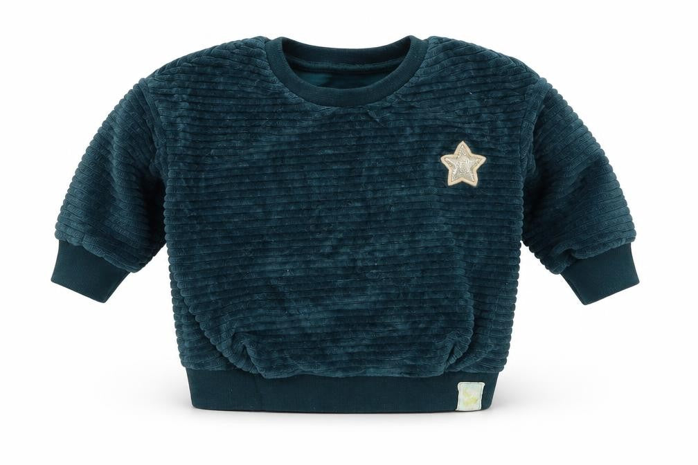 Front view of Next girls’ green cotton jumper, size 3-6, months pullover - star