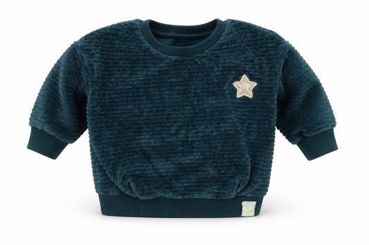 Front view of Next girls’ green cotton jumper, size 3-6, months pullover - star