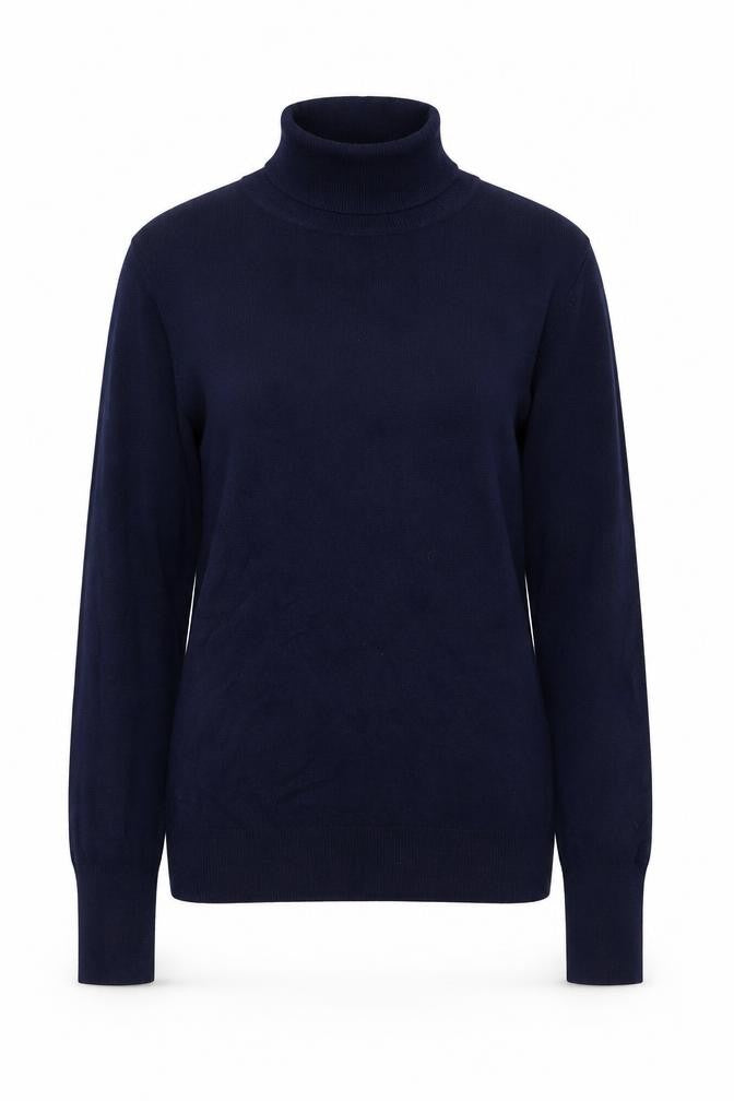 Front view of Dunnes women’s blue roll neck viscose jumper, size UK 8