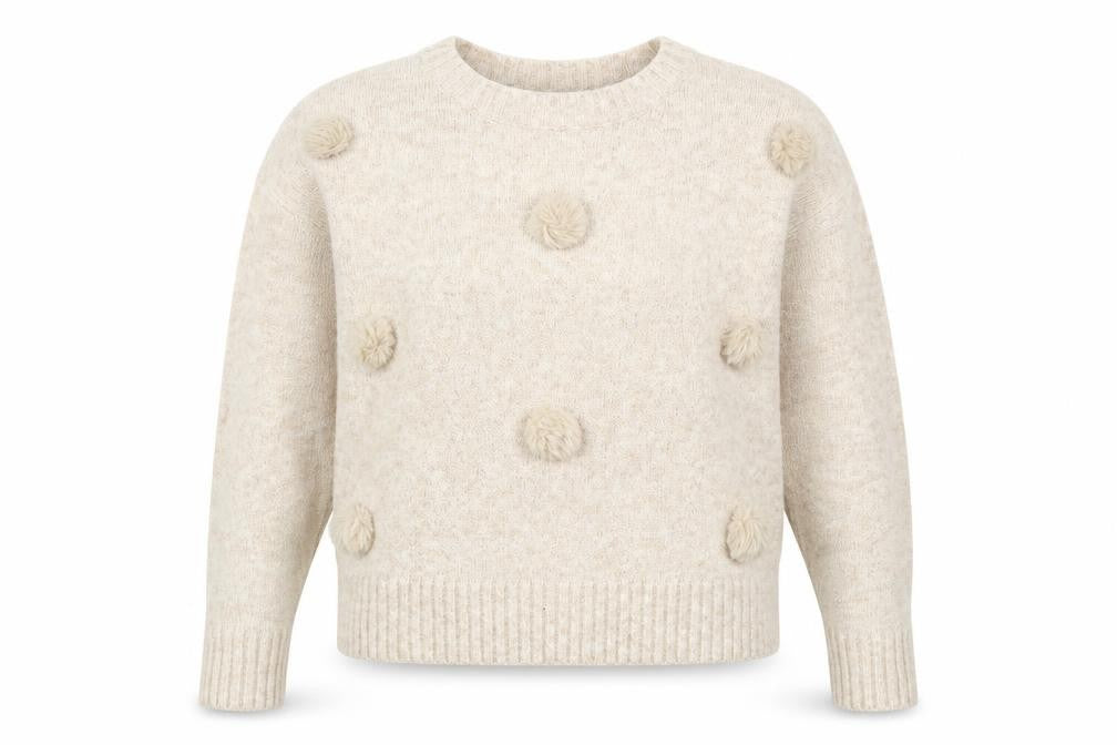 Front view of Primark women’s beige round neck acrylic jumper, size UK 6