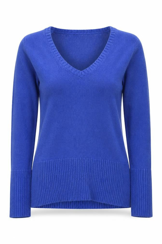 Front view of Jennyfer women’s blue v-neck acrylic jumper, size S