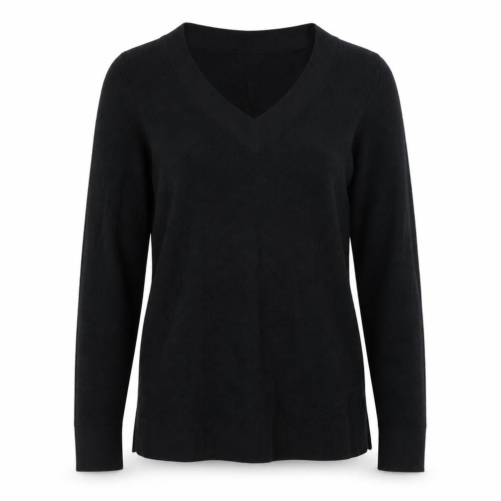Front view of Gap women’s black v-neck cotton jumper, size S