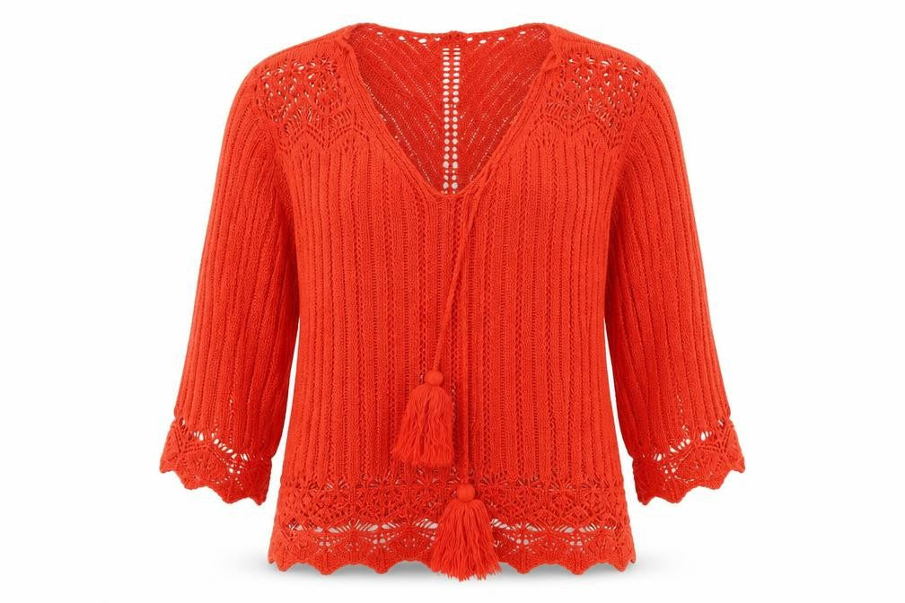 Front view of Peacocks women’s red v-neck acrylic jumper, size L
