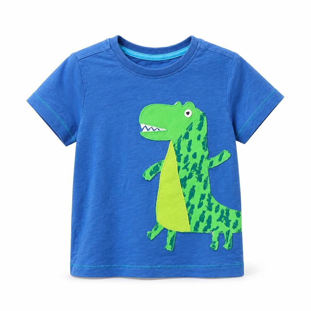 Front view of Mini Club boys’ blue camel basic t-shirt, size 12-18, months round neck - dinosaur