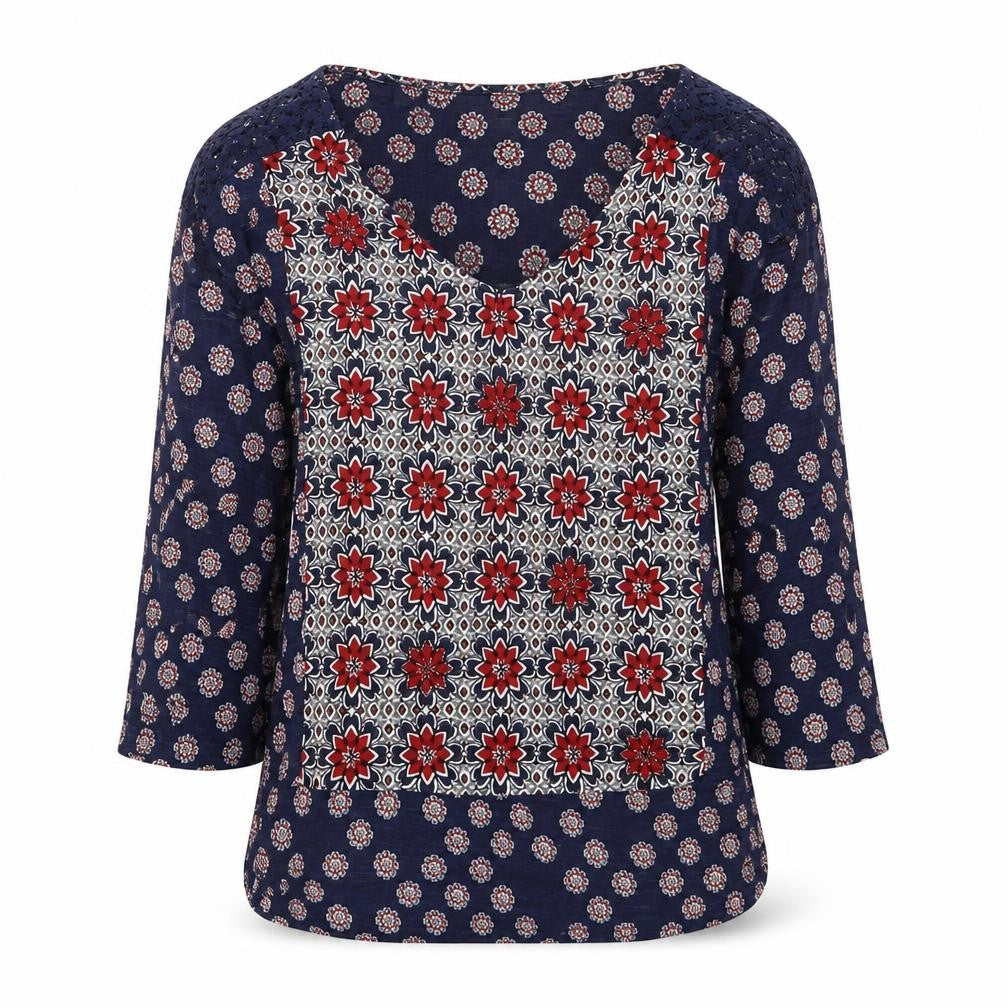 Front view of Marks & Spencer women’s multicoloured geometric viscose basic blouse, size UK 10, scoop neck
