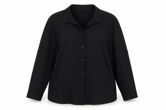 Front view of Lipsy women’s black polyester basic button-up, size UK 12, collared