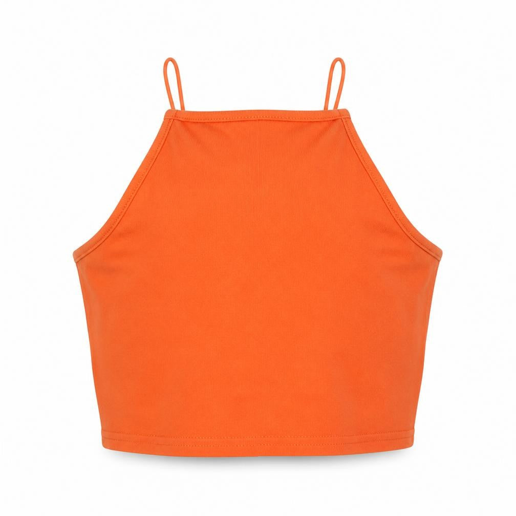 Front view of New Look girls’ orange cotton cropped tank, size 9, years halter pullover