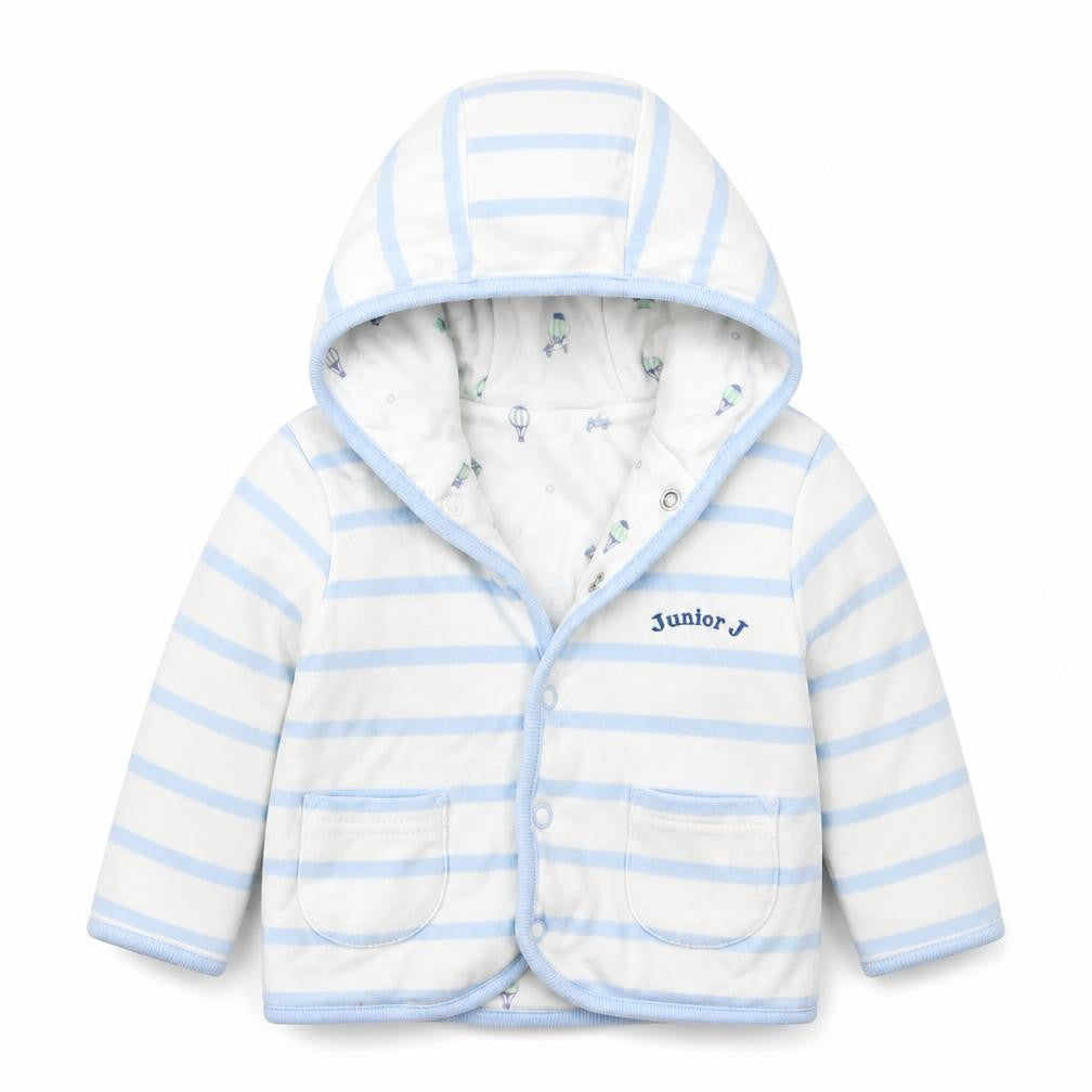 Front view of Debenhams boys’ blue striped jacket, size 3-6, months button - junior j