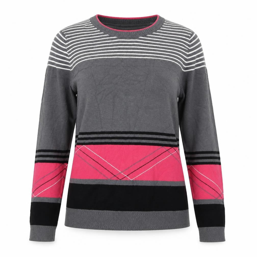 Front view of MILLY women’s grey crew neck striped viscose jumper, size S