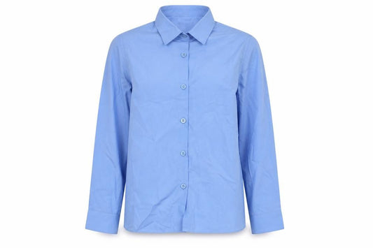 Front view of Marks & Spencer boys’ blue polyester basic button-up, size 8-9, years collared button