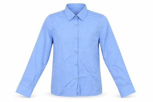 Front view of Marks & Spencer boys’ blue polyester basic button-up, size 8-9, years collared button