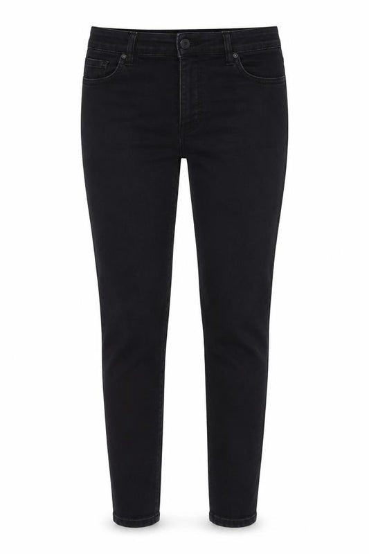 Front view of Denim & Co. women’s black cotton straight jeans, size UK 12, 22-inch leg regular zip