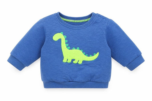 Front view of Next boys’ blue 100% cotton jumper, size 0-3, months snap - dinosaur