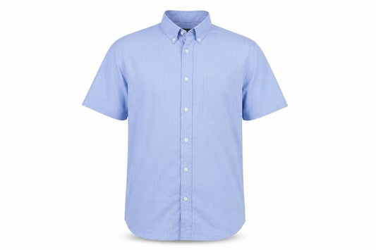 Front view of Marks & Spencer men’s blue polyester button-up, size M, collared button