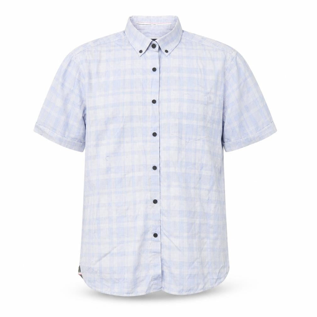 Front view of Blue Harbour men’s blue plaid cotton button-up, size L, collared button