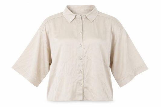 Front view of River Island women’s beige polyester basic button-up, size UK 12, collared