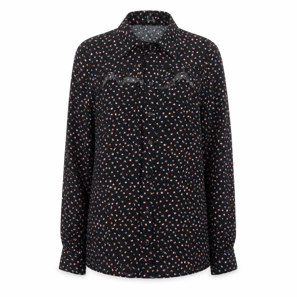 Front view of Next women’s black geometric viscose jersey button-up, size UK 6, collared