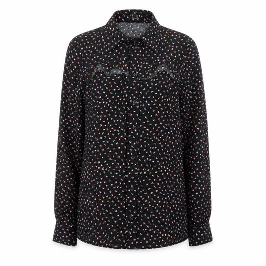 Front view of Next women’s black geometric viscose jersey button-up, size UK 6, collared