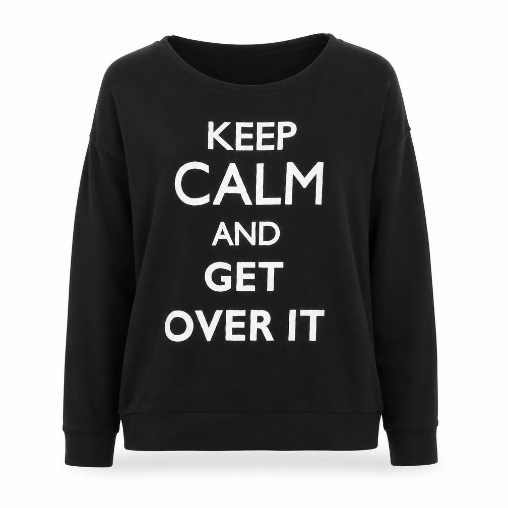 Front view of H&M women’s black 100% cotton pullover sweatshirt, size M, pullover - keep calm & get over it
