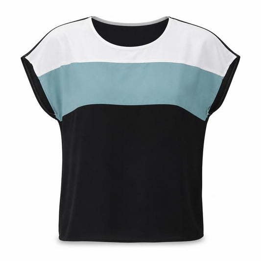 Front view of SHEIN women’s multicoloured colourblock polyester basic blouse, size S, crew neck