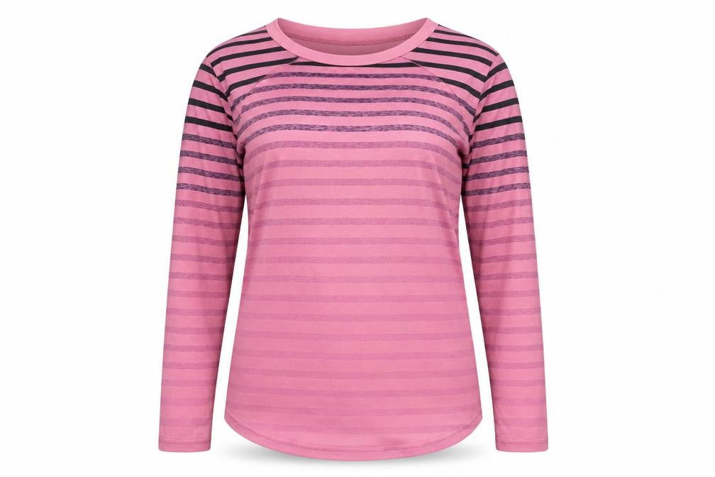 Front view of SHEIN women’s pink striped polyester basic t-shirt, size S, round neck