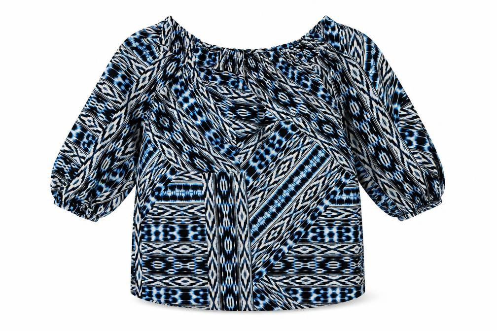 F&F Womens Blue Geometric Polyester Basic Blouse Size 6 Off the Shoulder