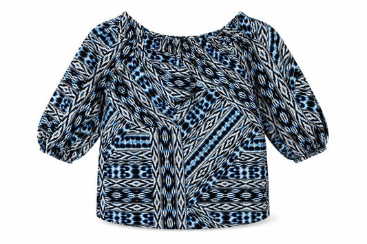 Front view of F&F women’s blue geometric polyester basic blouse, size UK 6, off the shoulder