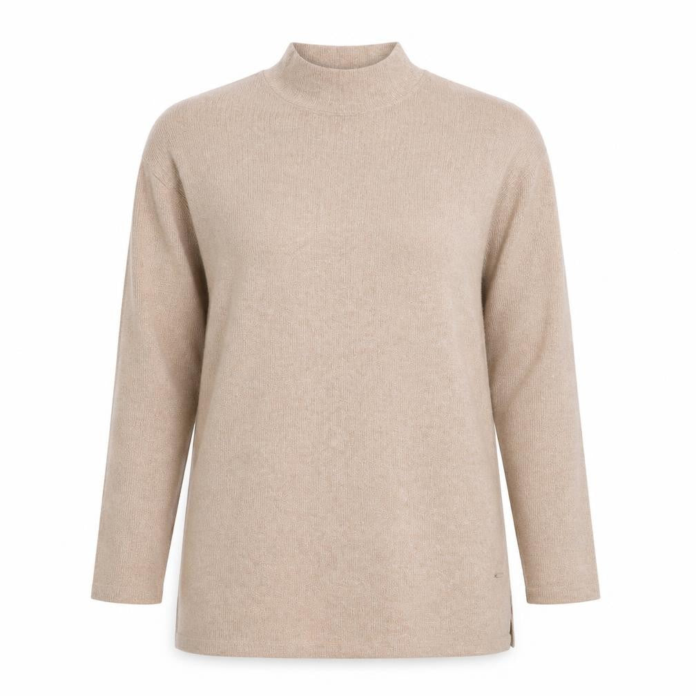 Front view of Dunnes women’s brown mock neck polyester jumper, size UK 12