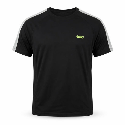 Front view of ASOS men’s black polyester basic t-shirt, size M, round neck