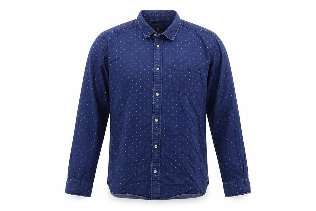 Front view of Next men’s blue floral cotton button-up, size M, collared