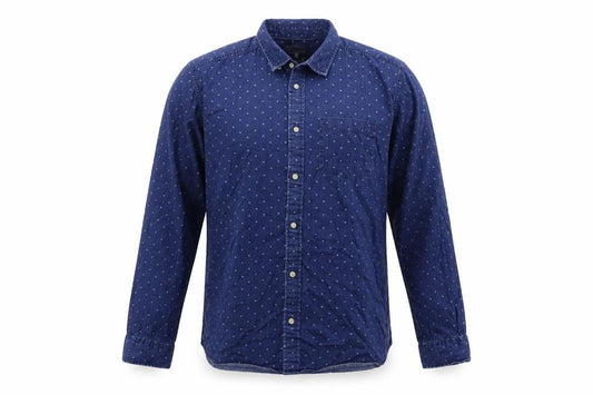 Front view of Next men’s blue floral cotton button-up, size M, collared