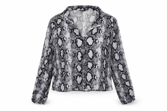 Front view of New Look women’s grey animal print viscose basic button-up, size UK 16, collared