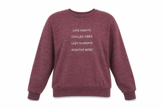 Front view of Atmosphere women’s purple cotton pullover sweatshirt, size UK 10, pullover - late nights