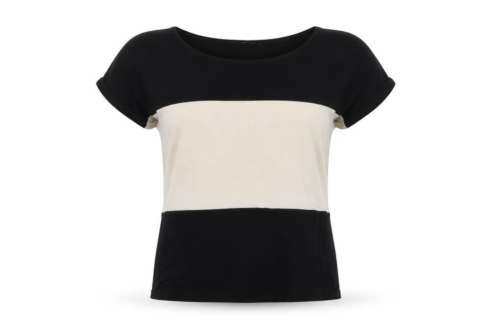 Front view of E Vie women’s black colourblock viscose basic polo, size UK 8, round neck