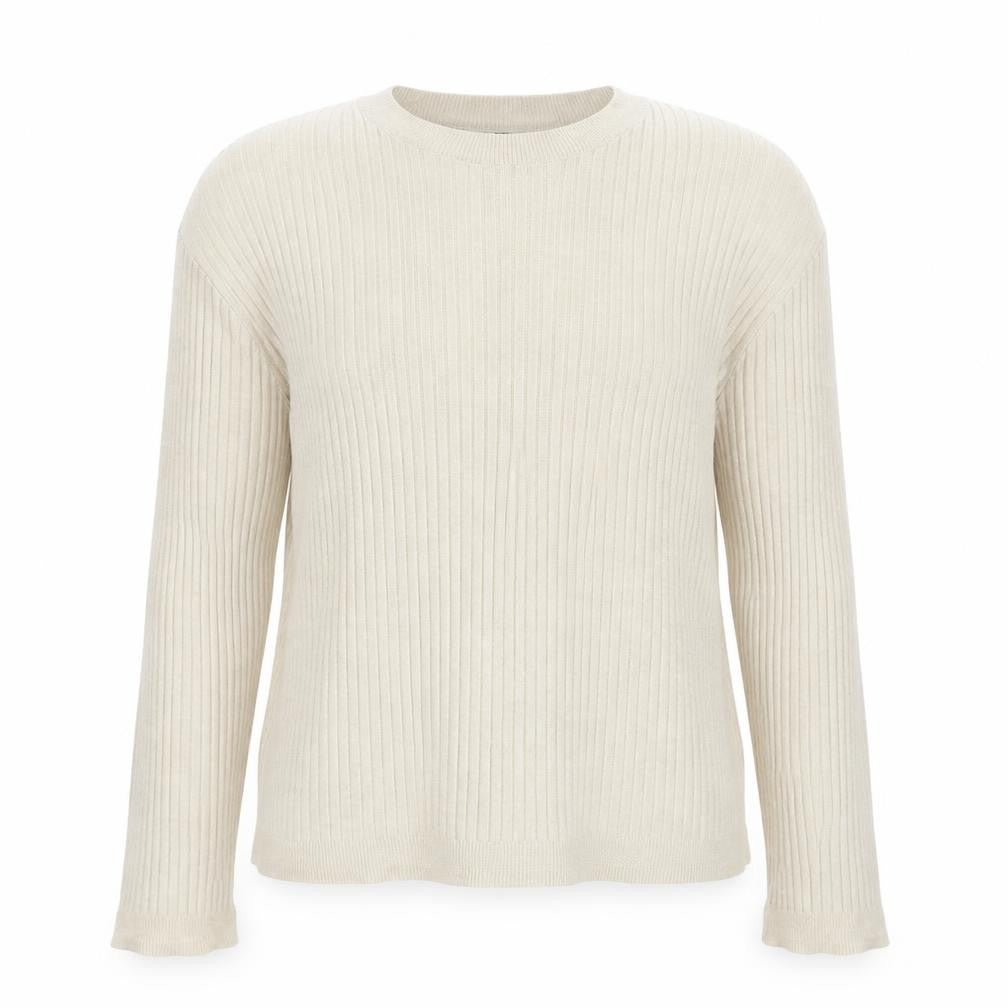 Front view of Bershka women’s beige round neck polyester jumper, size S