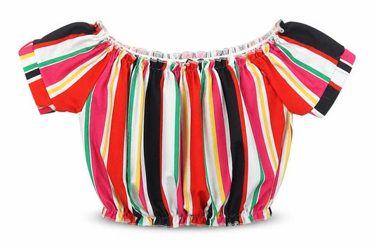 Front view of New Look women’s multicoloured striped polyester cropped tank, size UK 8, off the shoulder