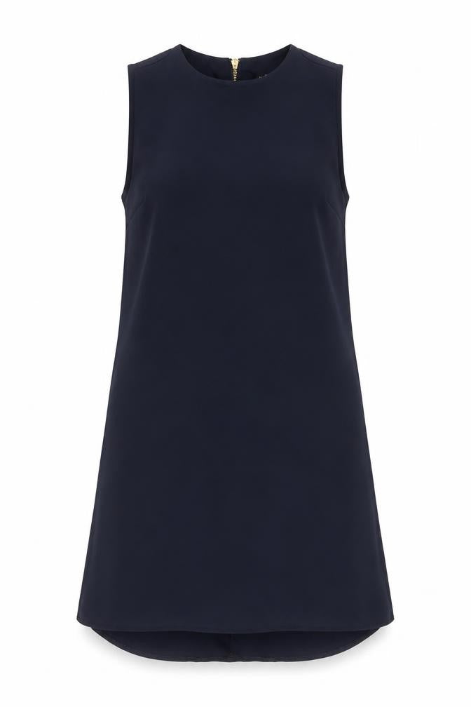Front view of Atmosphere women’s blue polyester a-line, size UK 8, crew neck zip