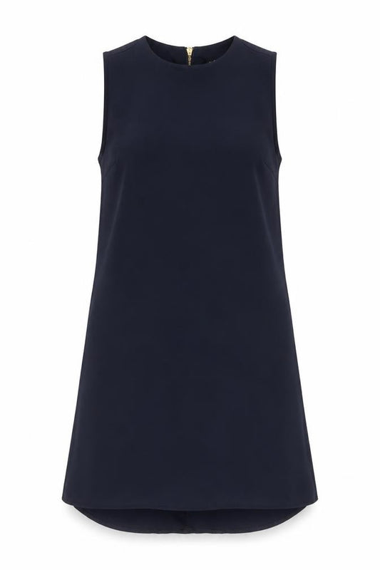 Front view of Atmosphere women’s blue polyester a-line, size UK 8, crew neck zip