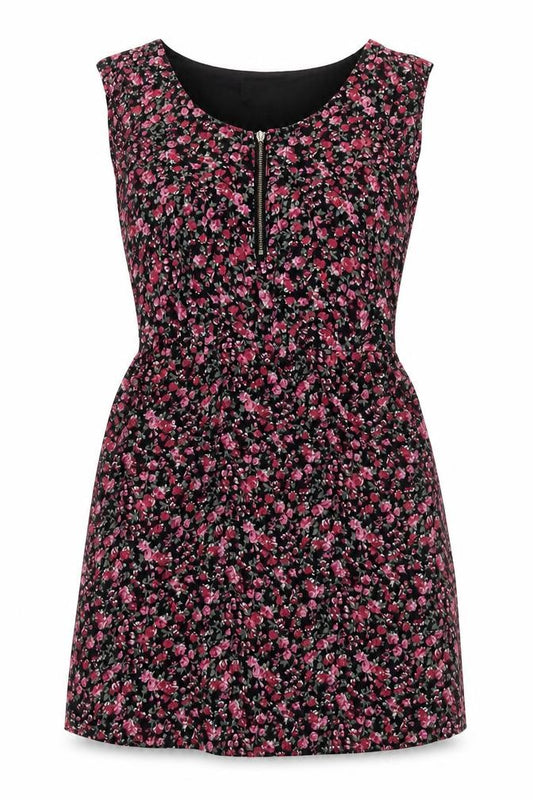 Front view of Tokyo Doll women’s pink floral viscose a-line, size UK 10, crew neck zip