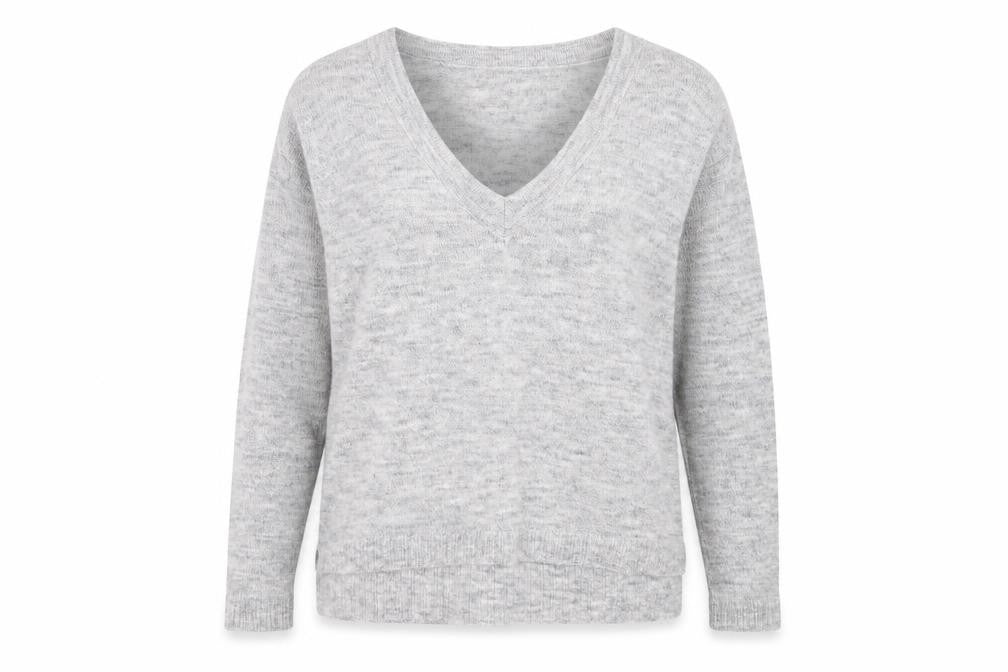 Front view of Next women’s grey v-neck acrylic jumper, size UK 8