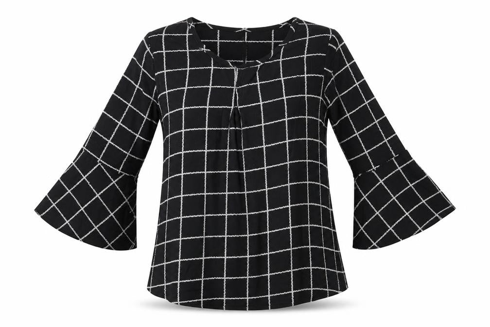 Front view of Diya women’s black check cotton basic blouse, size L, crew neck