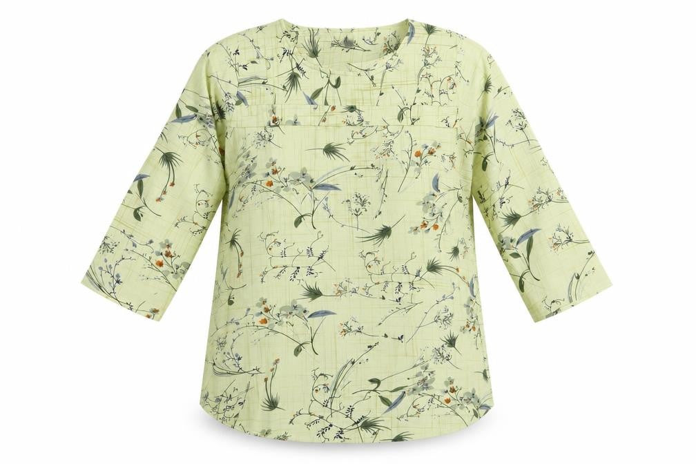 Front view of Diya women’s green floral cotton basic blouse, size L, crew neck