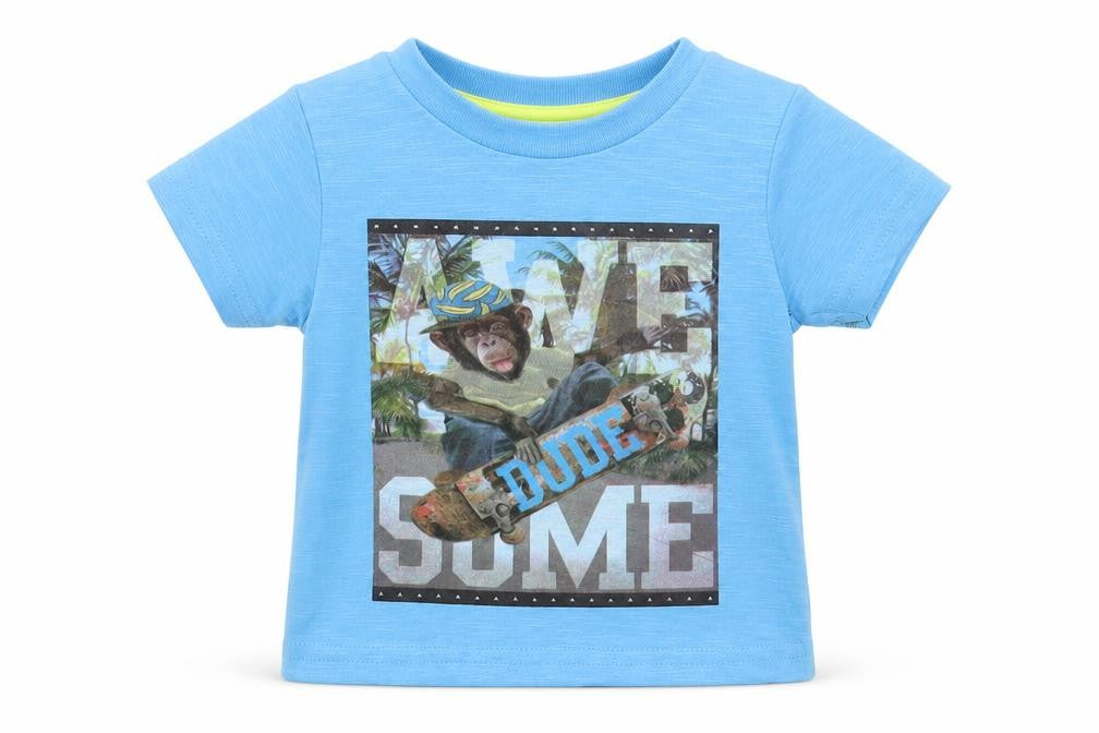 Front view of Peacocks boys’ blue cotton basic t-shirt, size 6-9, months crew neck pullover - awesome monkey