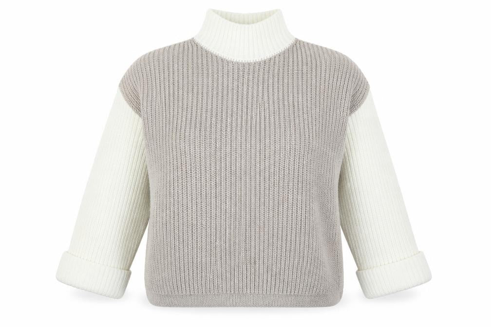 Front view of NA-KD women’s grey high neck acrylic jumper, size S